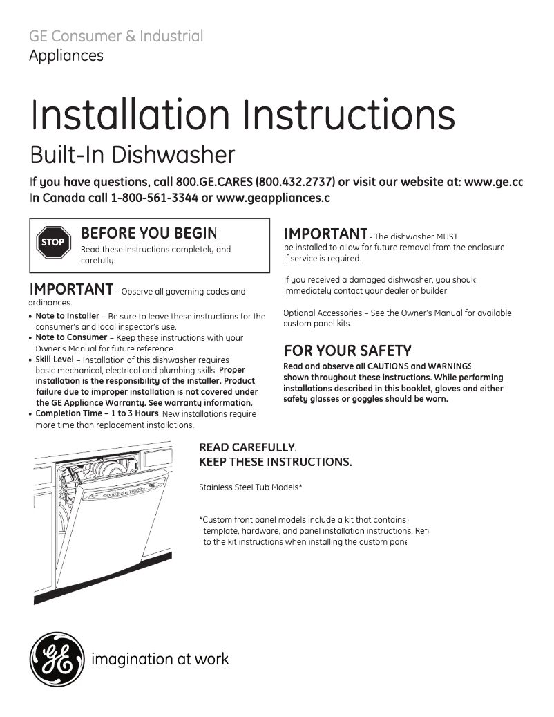 Page n°1 - Guide d'installation GE Profile PDWT580PSS