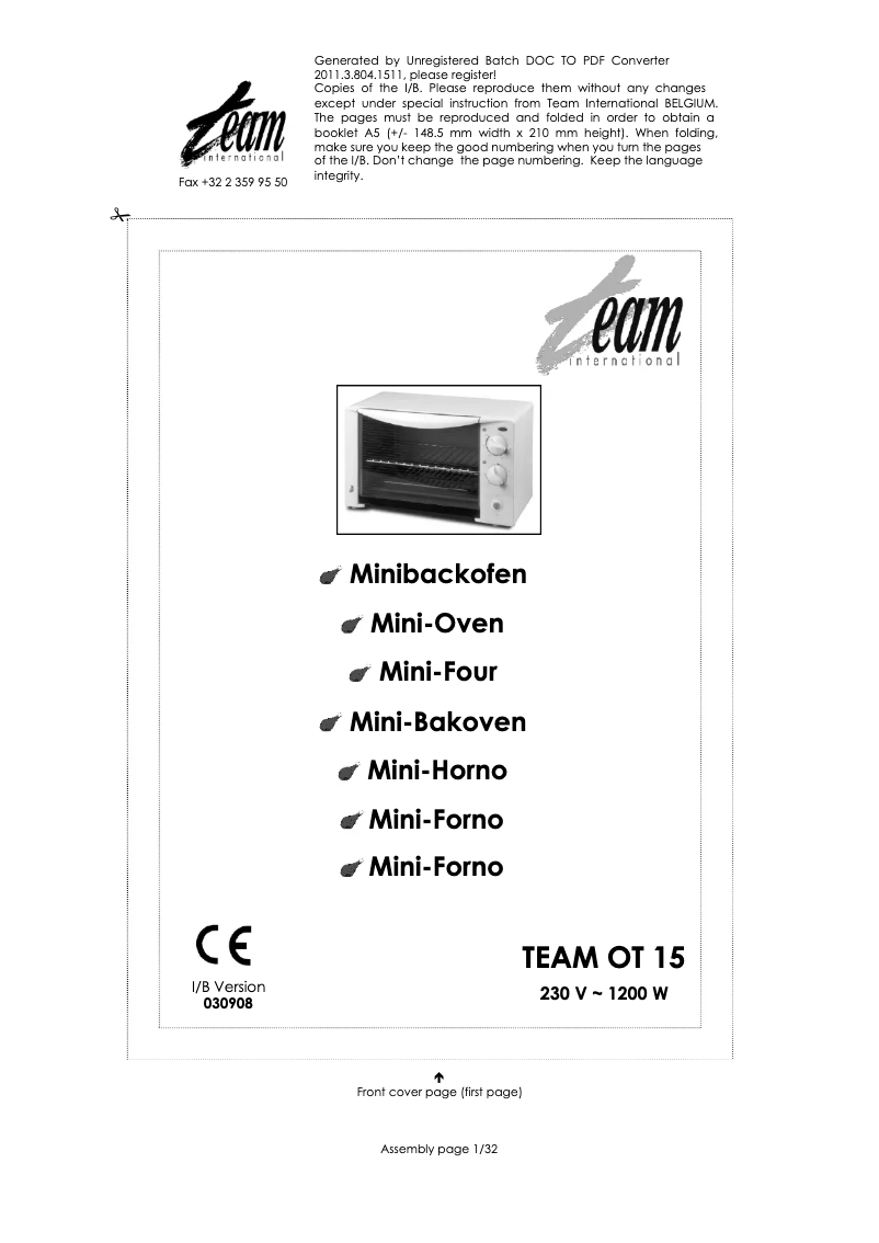 Page 1 de la notice Manuel utilisateur Team OT 15