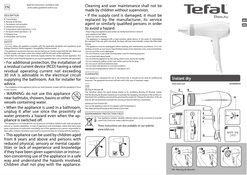 Page 1 de la notice Manuel utilisateur Tefal Instant Dry HV6030
