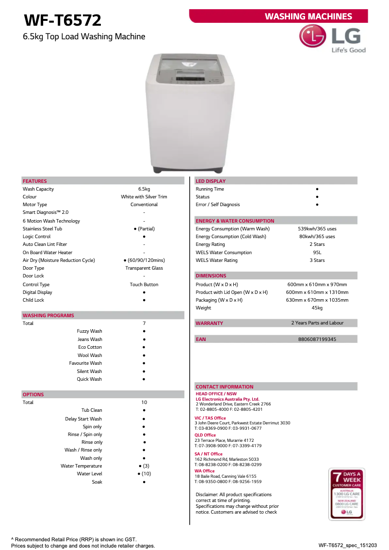 Page 1 de la notice Fiche technique LG WF-T6572