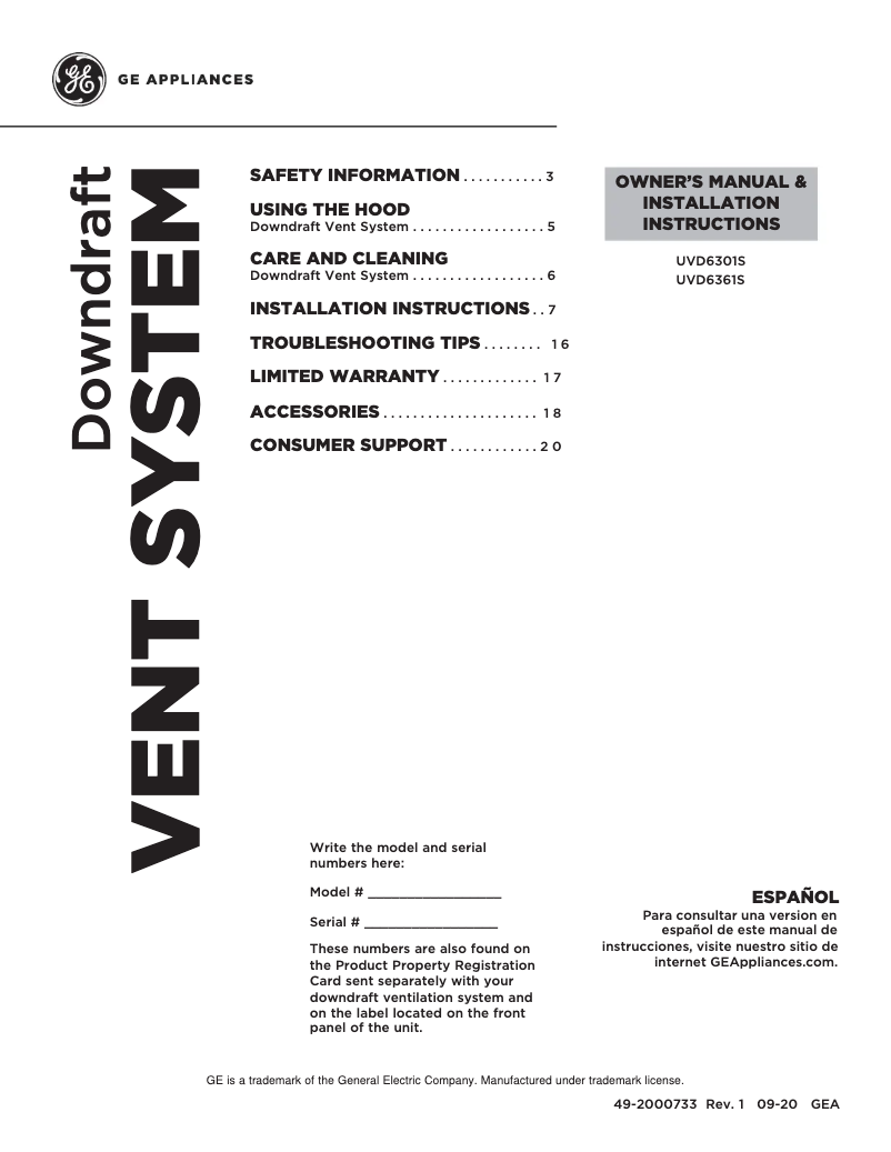 Page n°1 - Guide d'installation GE UVD6301SPSS