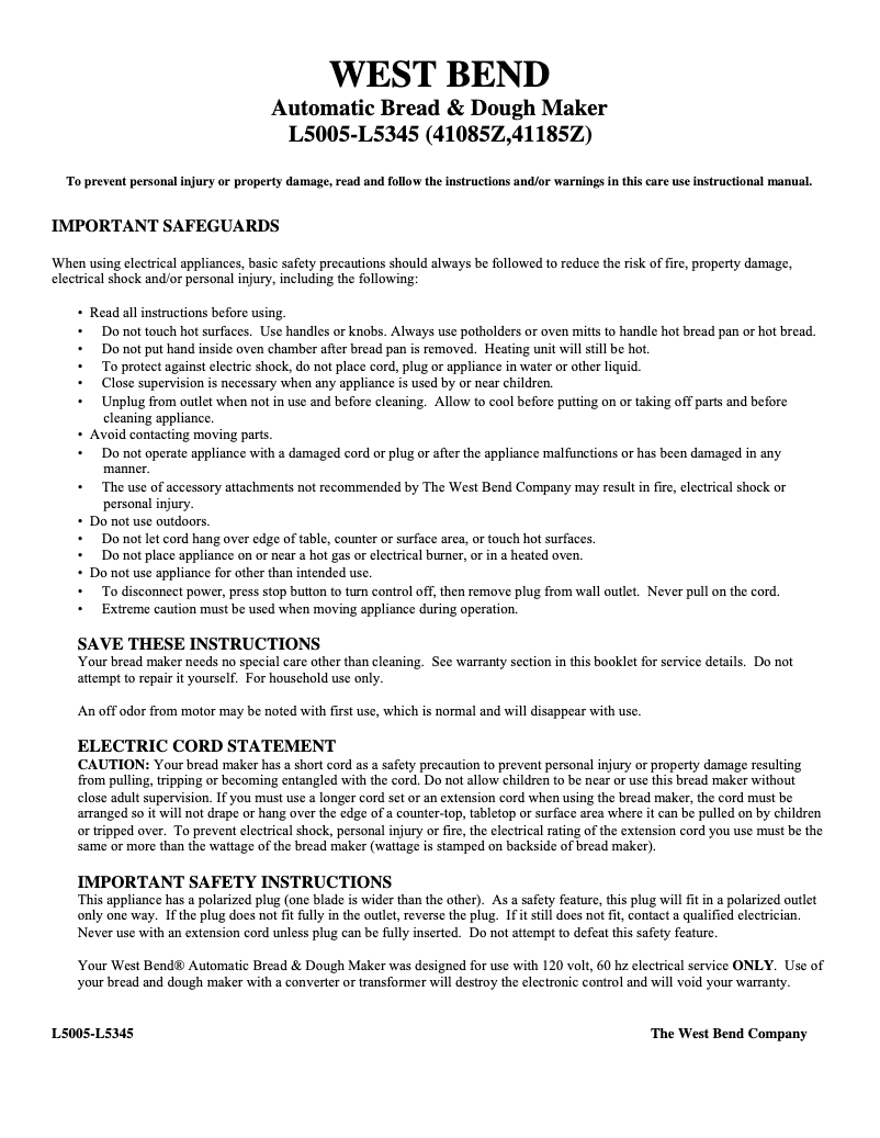 Page 1 de la notice Manuel utilisateur WestBend 41185Z