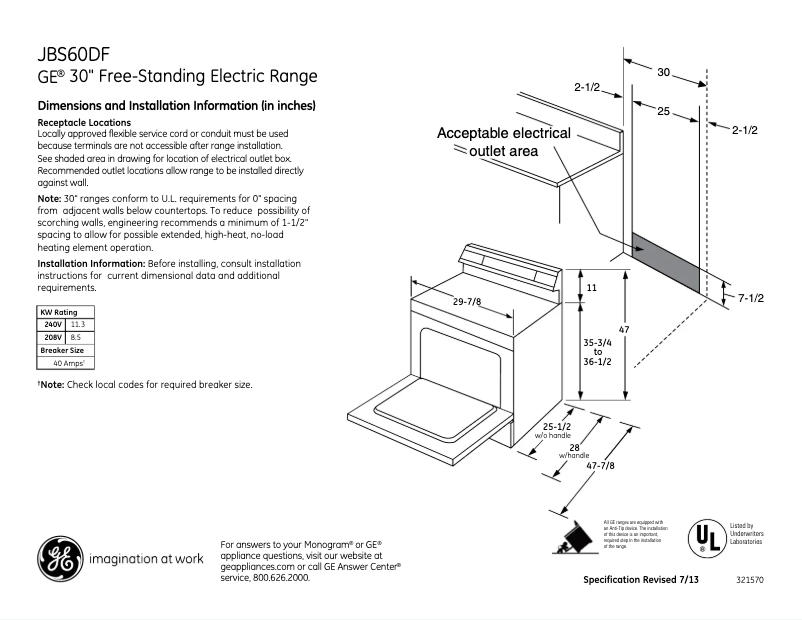 Page 1 of the manual Technical Sheet GE JBS60DFWW