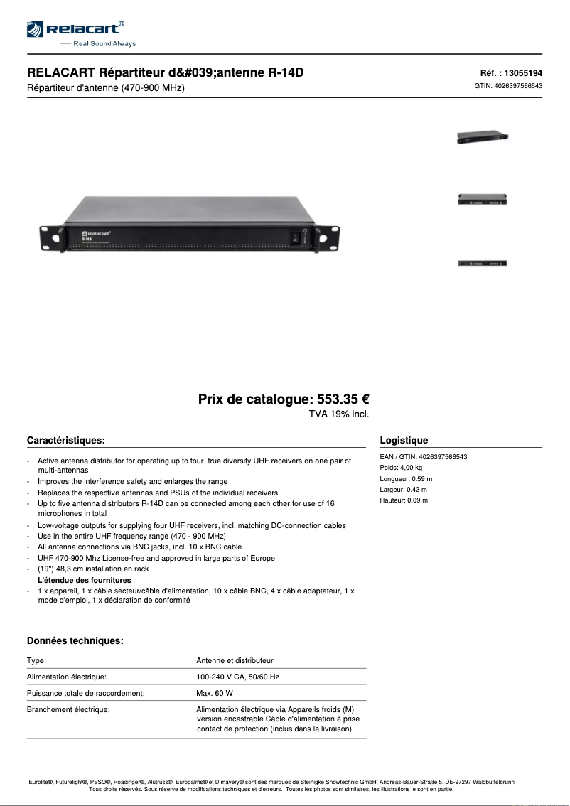 Page 1 de la notice Fiche technique Relacart R-14D