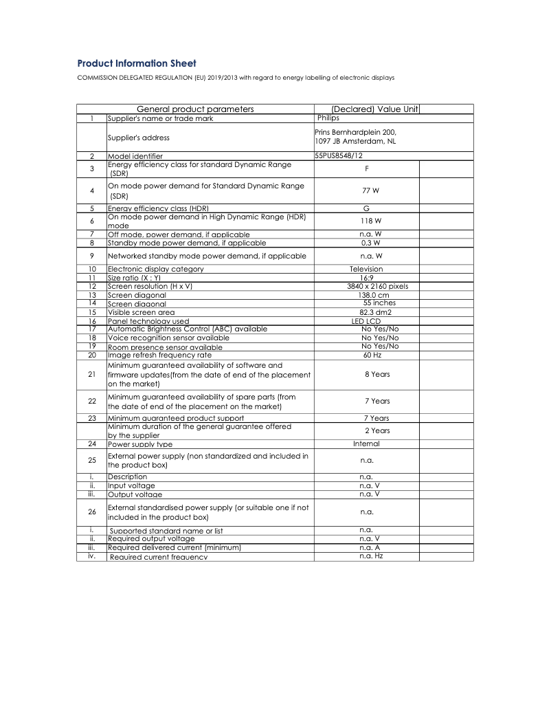 Page 1 of the manual Technical Sheet Philips The One 55PUS8548