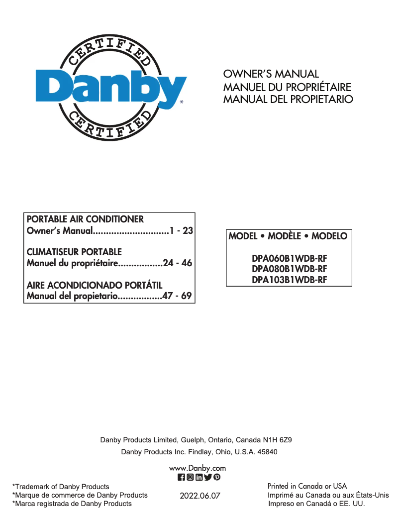 Page 1 de la notice Manuel utilisateur Danby DPA080B1WDB-RF