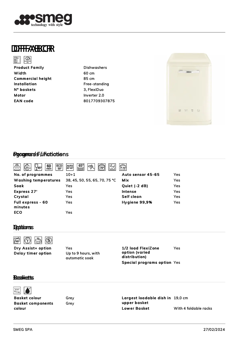 Página 1 del manual Ficha técnica Smeg DFFABCR