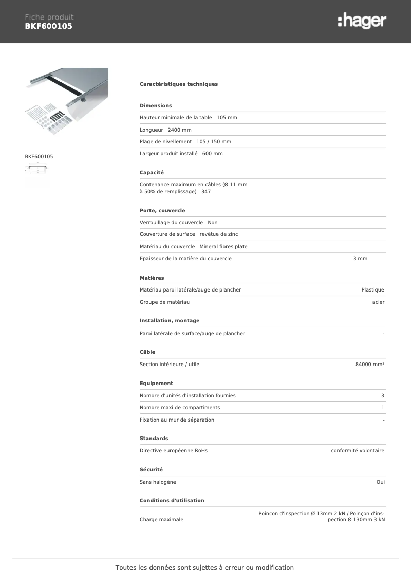 Page 1 de la notice Fiche technique Hager BKF600105