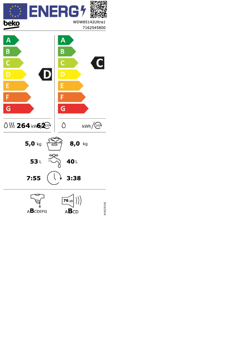 Page 1 de la notice Label énergétique Beko WDW85142ULTRA1