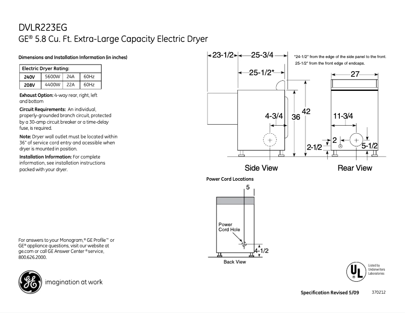 Page 1 of the manual Technical Sheet GE DVLR223EGWW