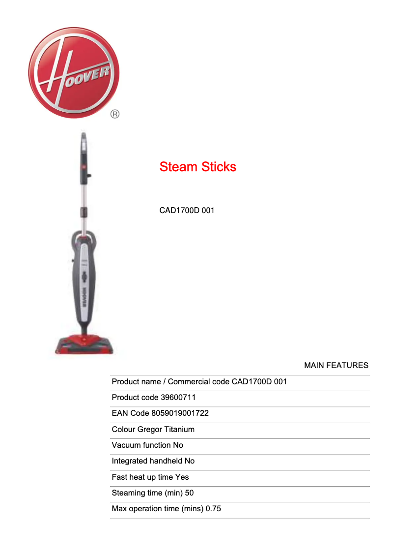 Página 1 del manual Ficha técnica Hoover Steam Capsule CAD1700D 001