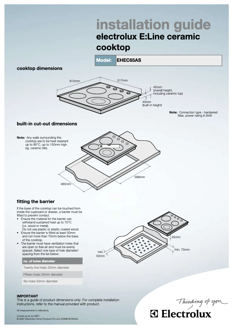Page 1 de la notice Guide d'installation Electrolux EHEC65AS