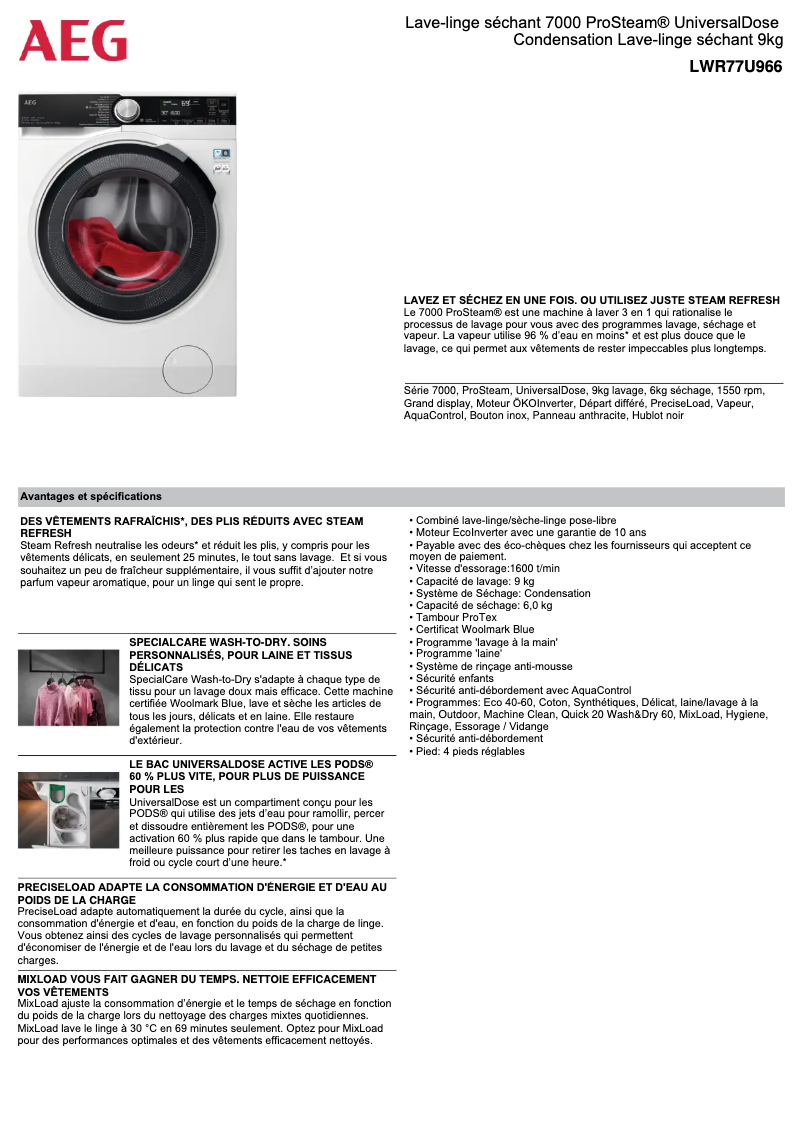 Página 1 del manual Ficha técnica AEG LWR77U966