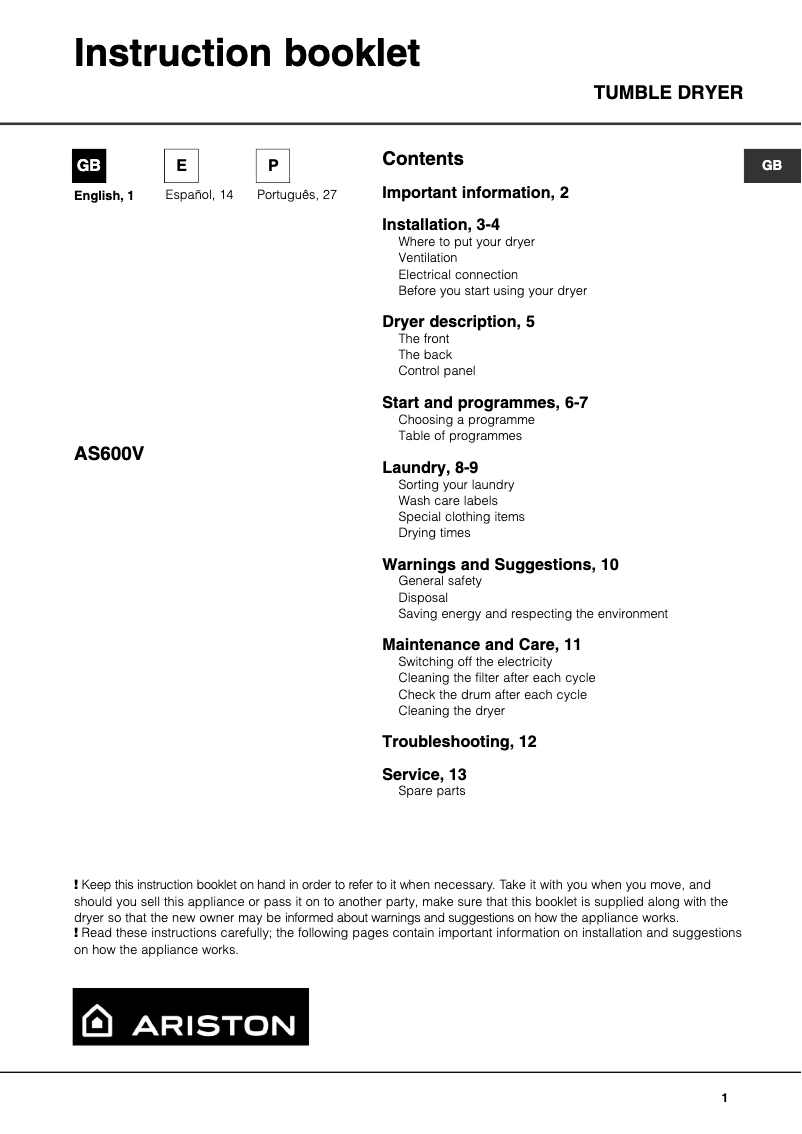 Page 1 de la notice Manuel utilisateur Ariston Thermo AS 600 V
