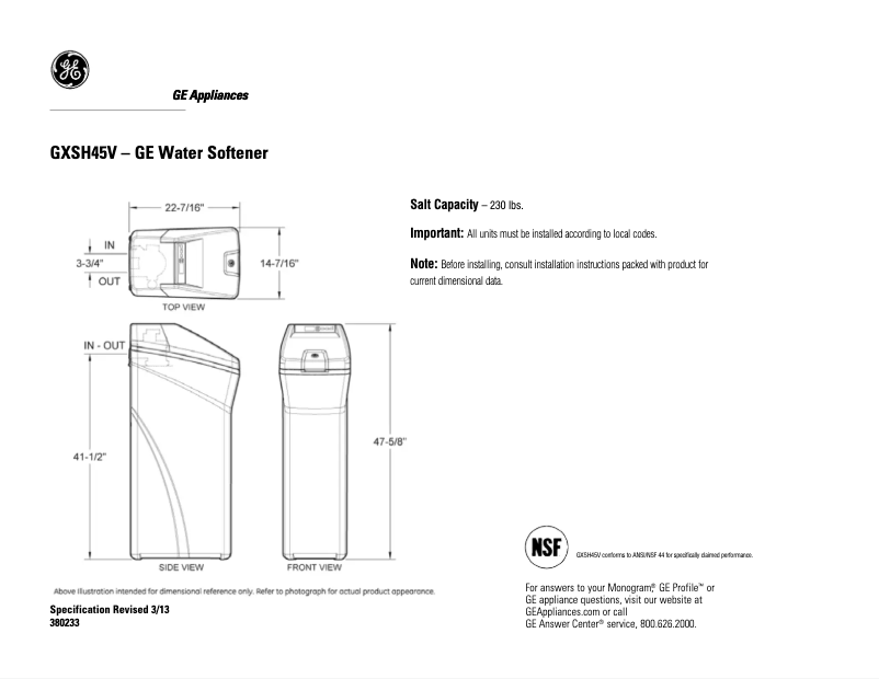 Página 1 del manual Ficha técnica GE GXSH45V