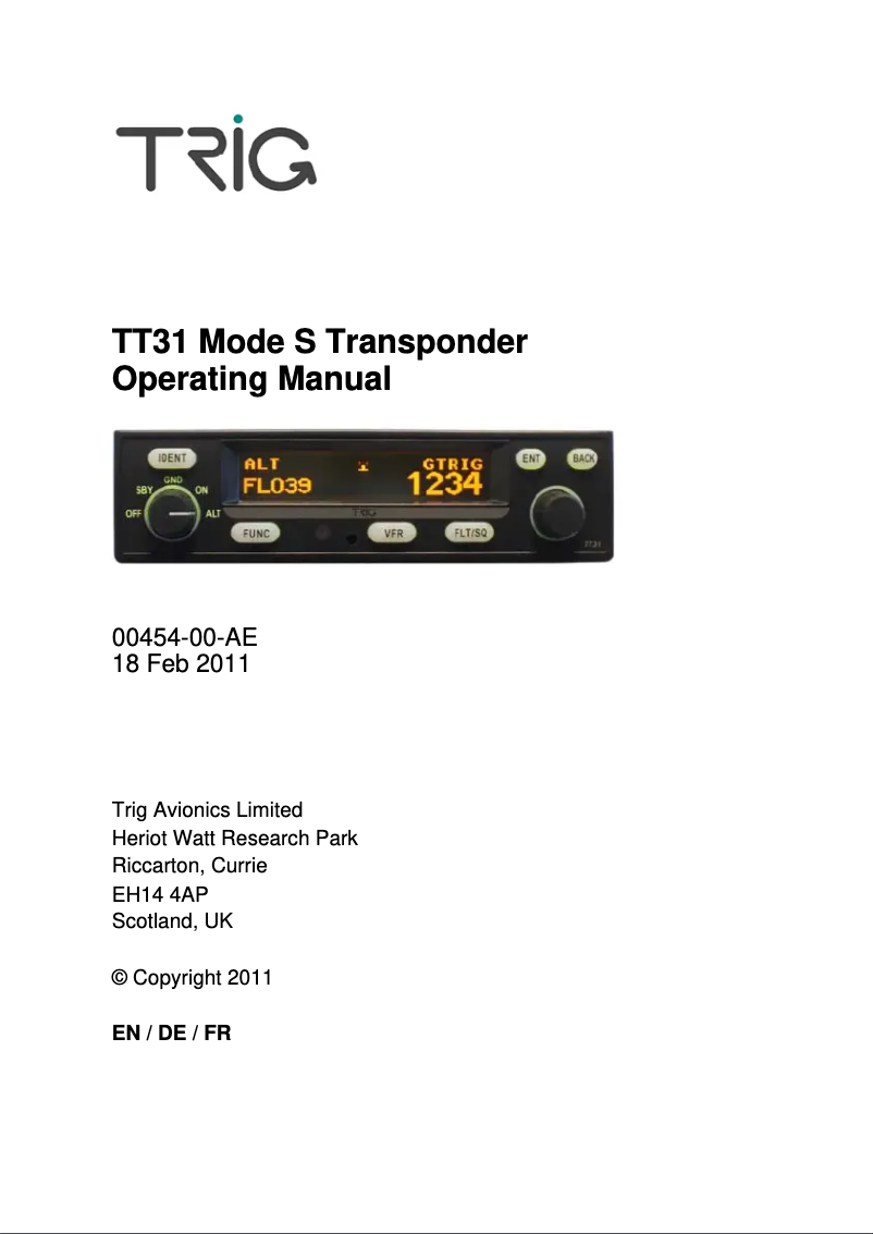 Page 1 of the manual User Manual Trig Avionics TT31 Mode S Transponder