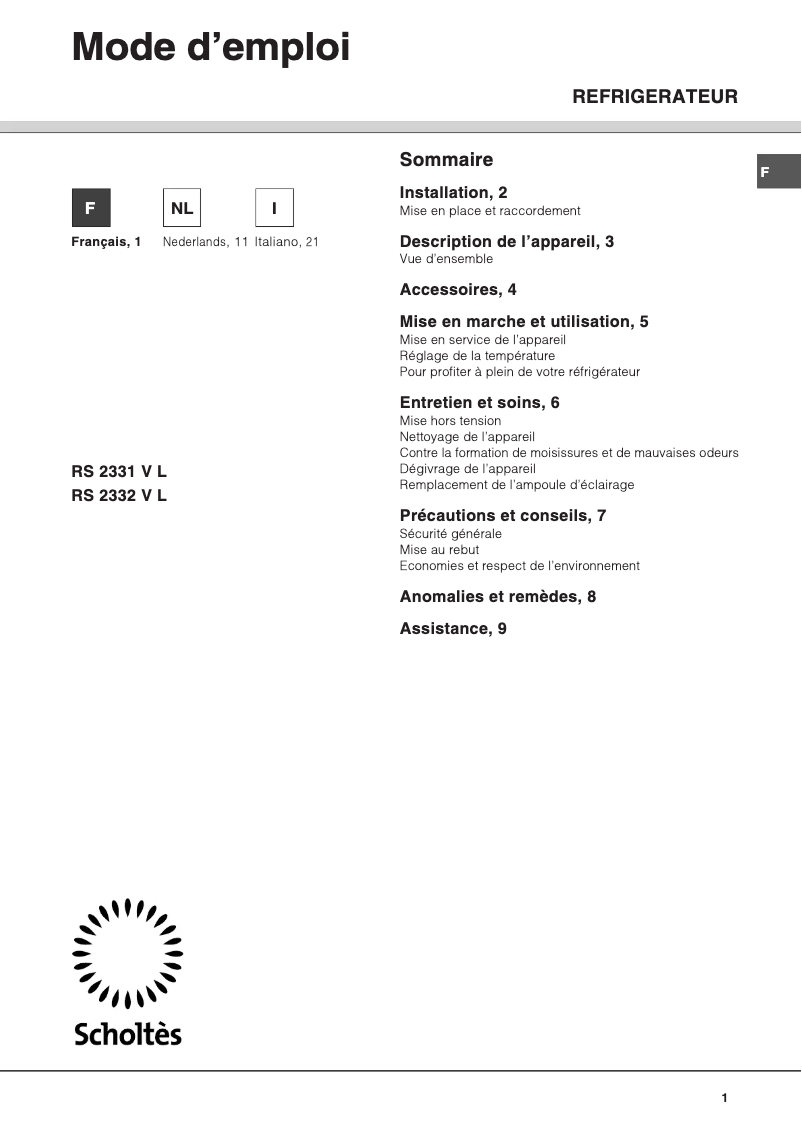 Page 1 de la notice Manuel utilisateur Scholtès RS 2331 V L