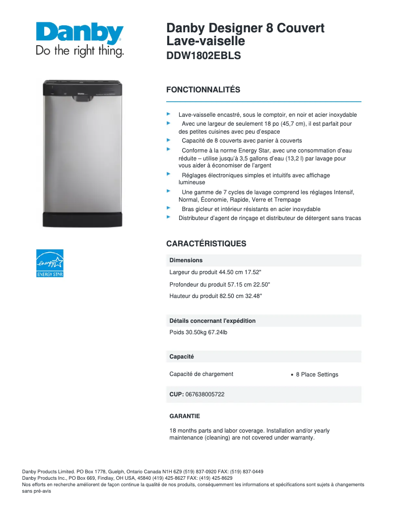 Page 1 de la notice Fiche technique Danby DDW1802EBLS