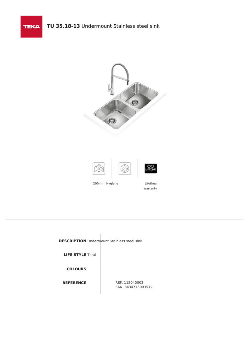 Page 1 de la notice Fiche technique Teka TU 35.18-13