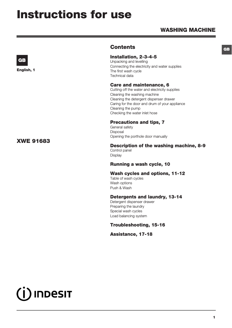 Page n°1 - Mode d'emploi Indesit XWE 91683X WWWG UK