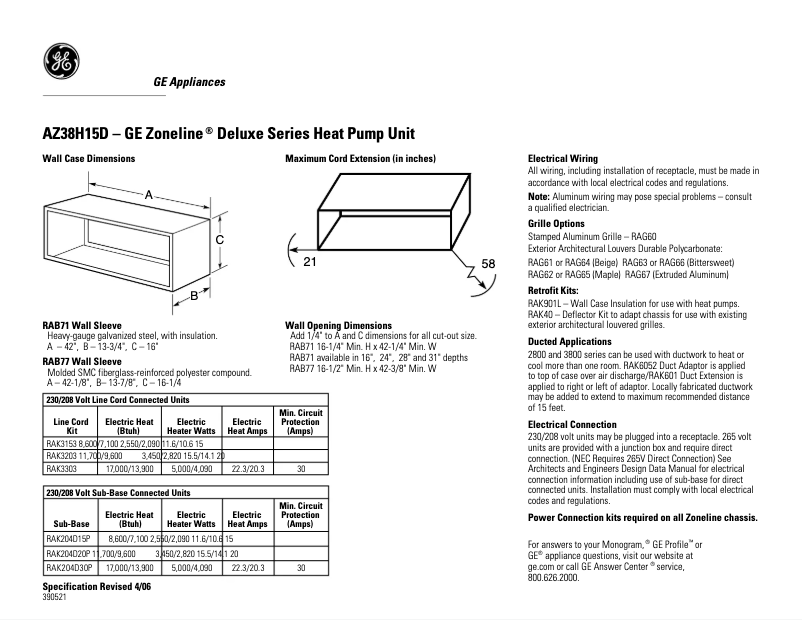 Page 1 of the manual Technical Sheet GE AZ38H15DAD