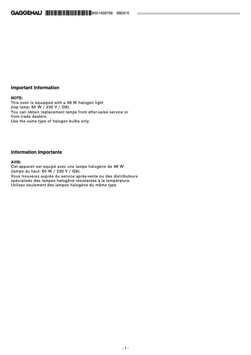 Page 1 de la notice Manuel d'utilisation et d'entretien Gaggenau BO480611