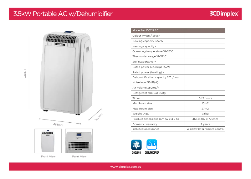 Page 1 de la notice Fiche technique Dimplex DC12PAC