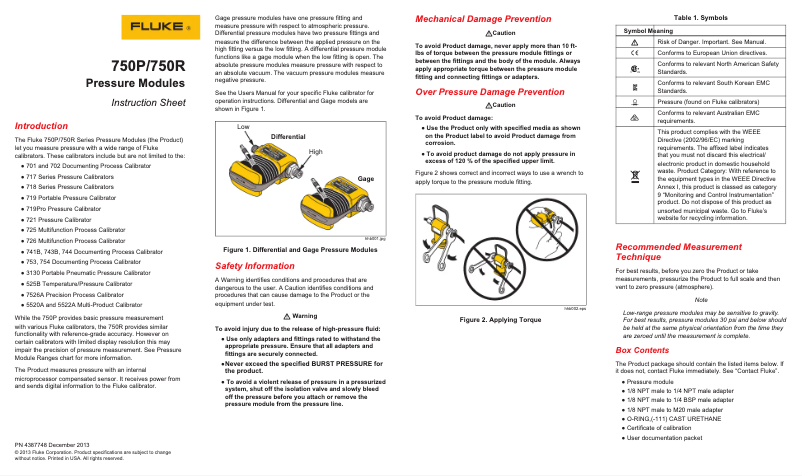 Page 1 de la notice Instructions / montage Fluke 750P