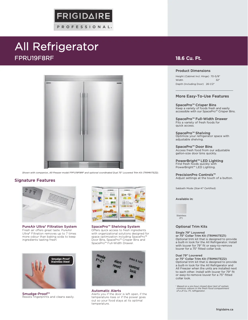 Page 1 de la notice Fiche technique Frigidaire TRIMKITEZ1