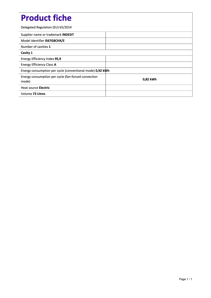 Page 1 de la notice Fiche technique Indesit IS67G8CHX/E