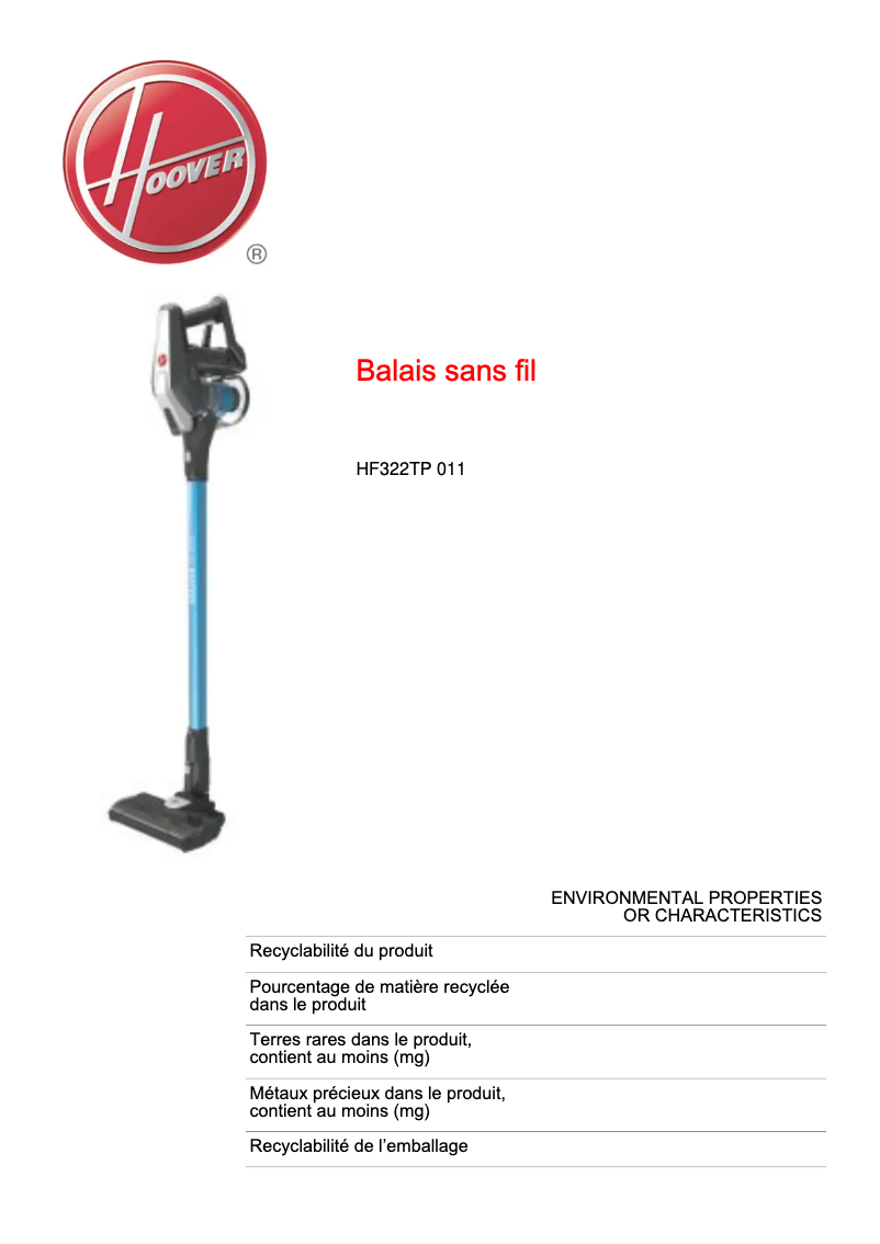 Página 1 del manual Ficha técnica Hoover H-FREE 300 HF322TP 011