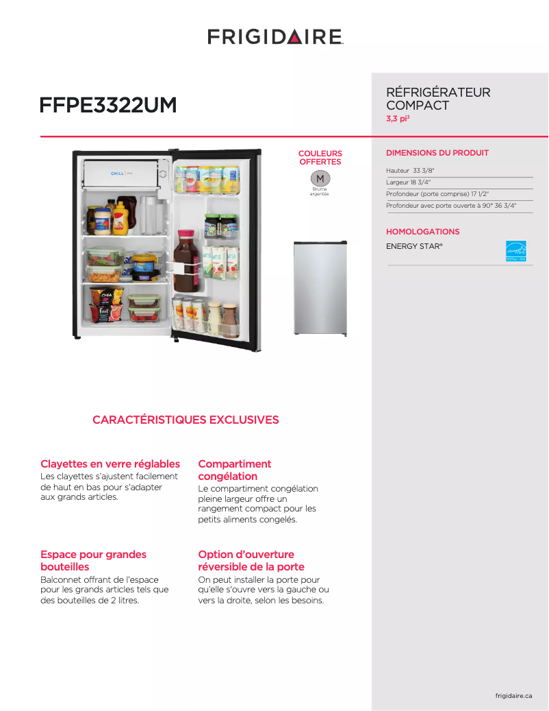 Page 1 de la notice Fiche technique Frigidaire FFPE3322UM