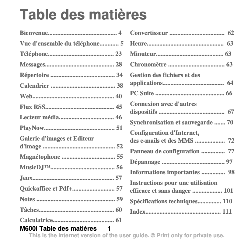 Page 1 de la notice Manuel utilisateur Sony Ericsson M600i