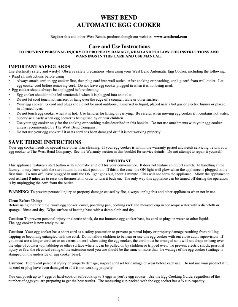 Page 1 de la notice Manuel utilisateur WestBend 86618