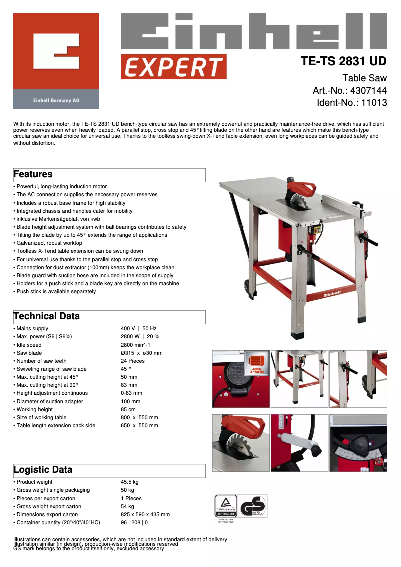 Página 1 del manual Ficha técnica Einhell TE-TS 2831 UD