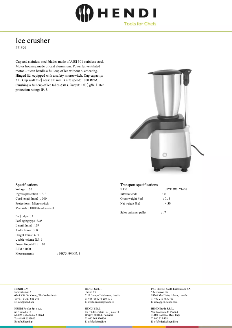 Page 1 de la notice Fiche technique Hendi 271599