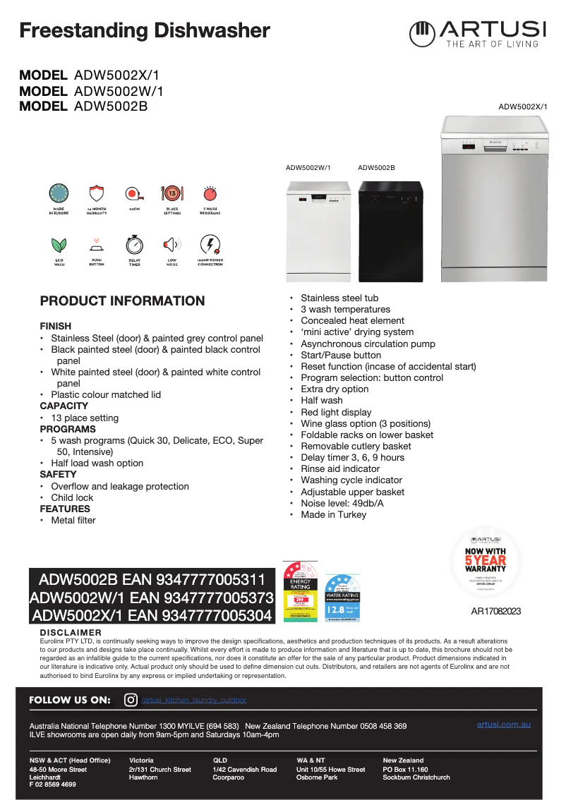 Página 1 del manual Ficha técnica Artusi ADW5002B