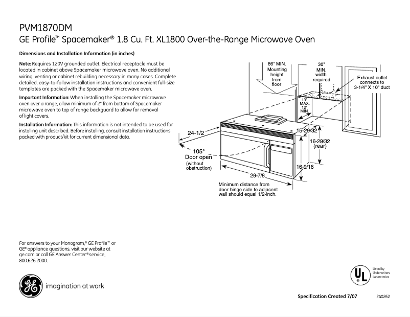 Página 1 del manual Ficha técnica GE PVM1870DMCC