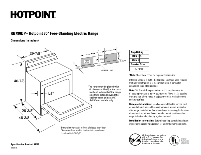 Página 1 del manual Ficha técnica Hotpoint RB790DPWW