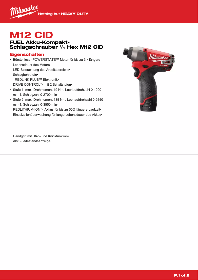 Page 1 de la notice Manuel utilisateur Milwaukee M12 CID