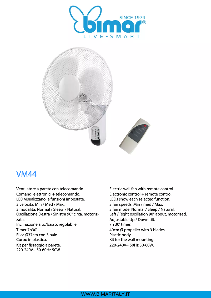 Page 1 de la notice Fiche technique Bimar VM44