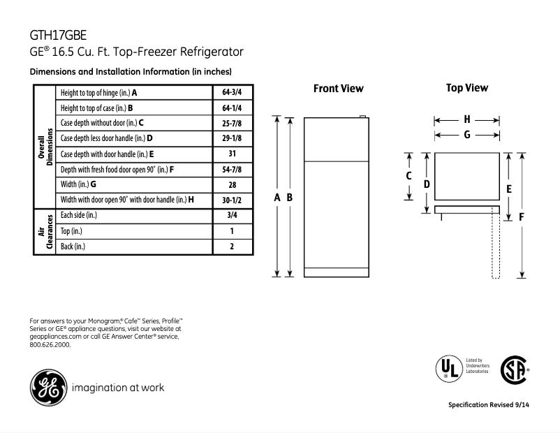 Página 1 del manual Ficha técnica GE GTH17GBEBB