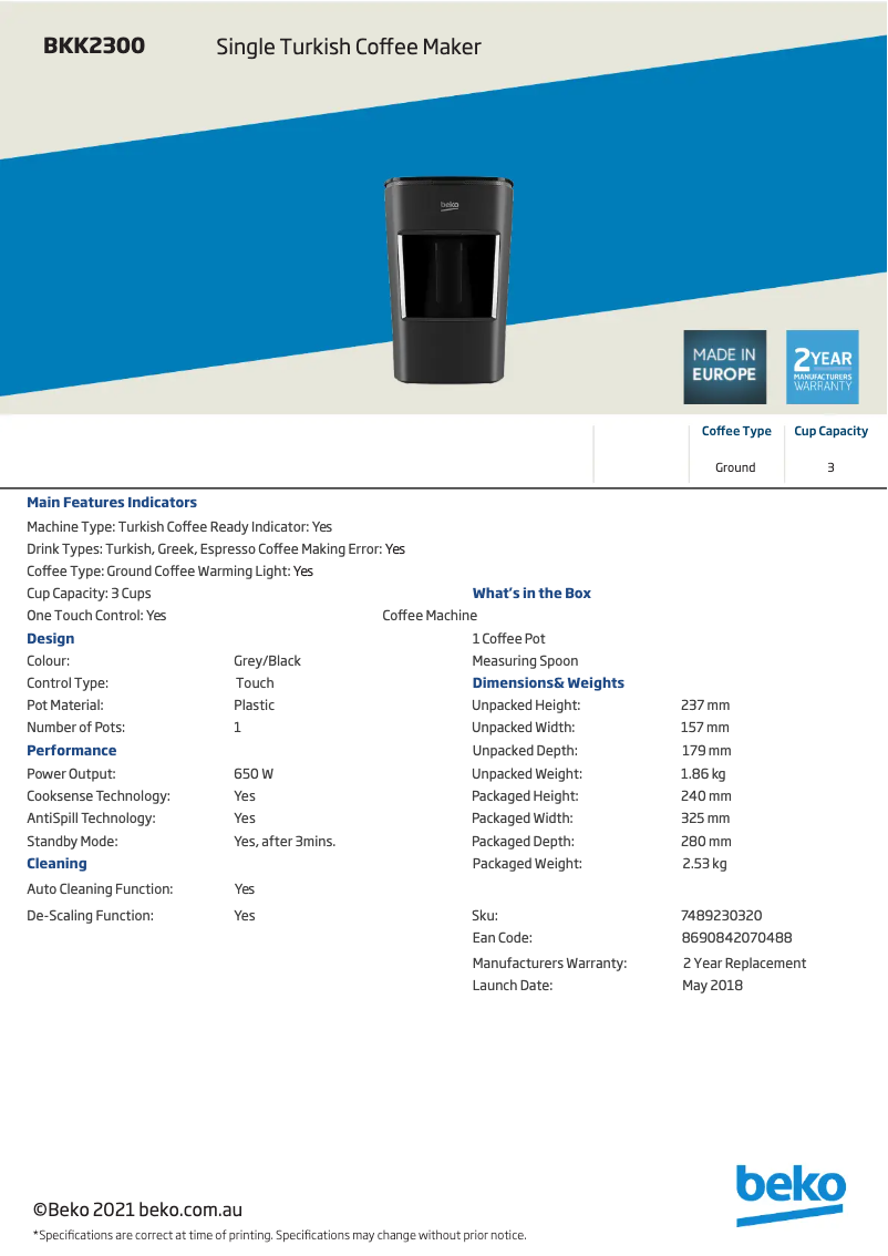 Page 1 de la notice Fiche technique Beko BKK 2300