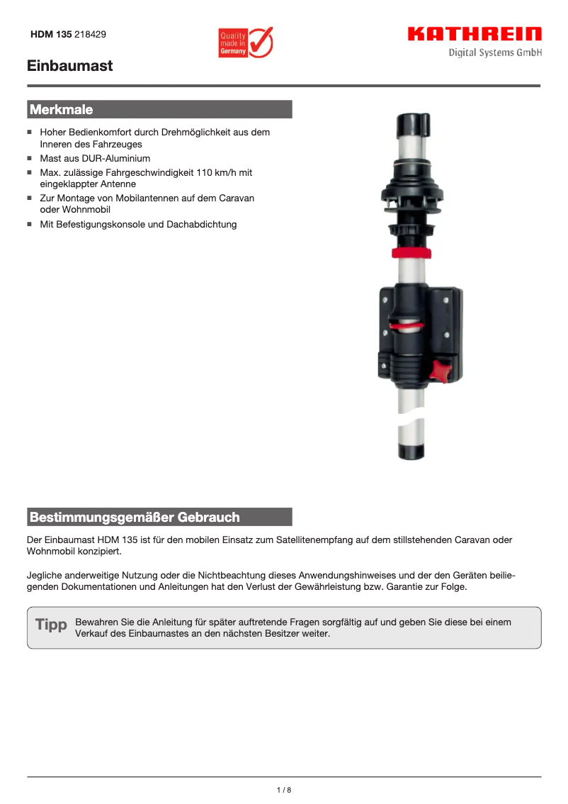 Page 1 de la notice Manuel utilisateur Kathrein HDM 135