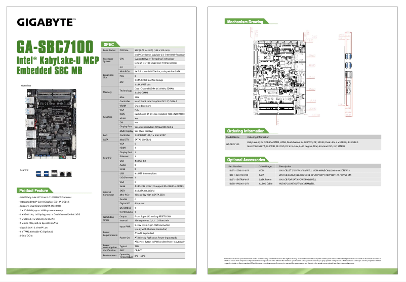 Página 1 del manual Ficha técnica Gigabyte GA-SBC7100