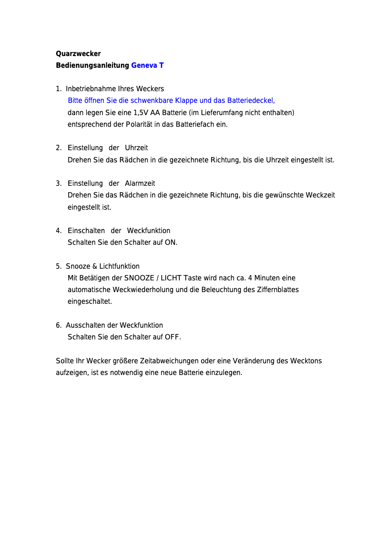 Page 1 de la notice Manuel utilisateur Techno Line Geneva T