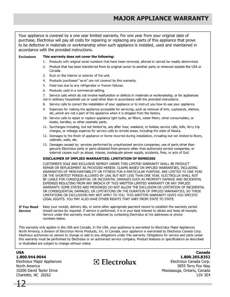 Page 1 de la notice Informations de garantie Frigidaire FFBC4622QS