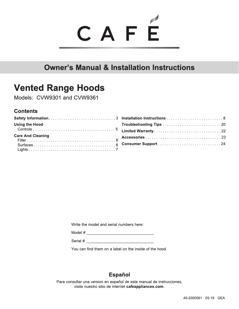 Page n°1 - Guide d'installation GE CVW93014MWM