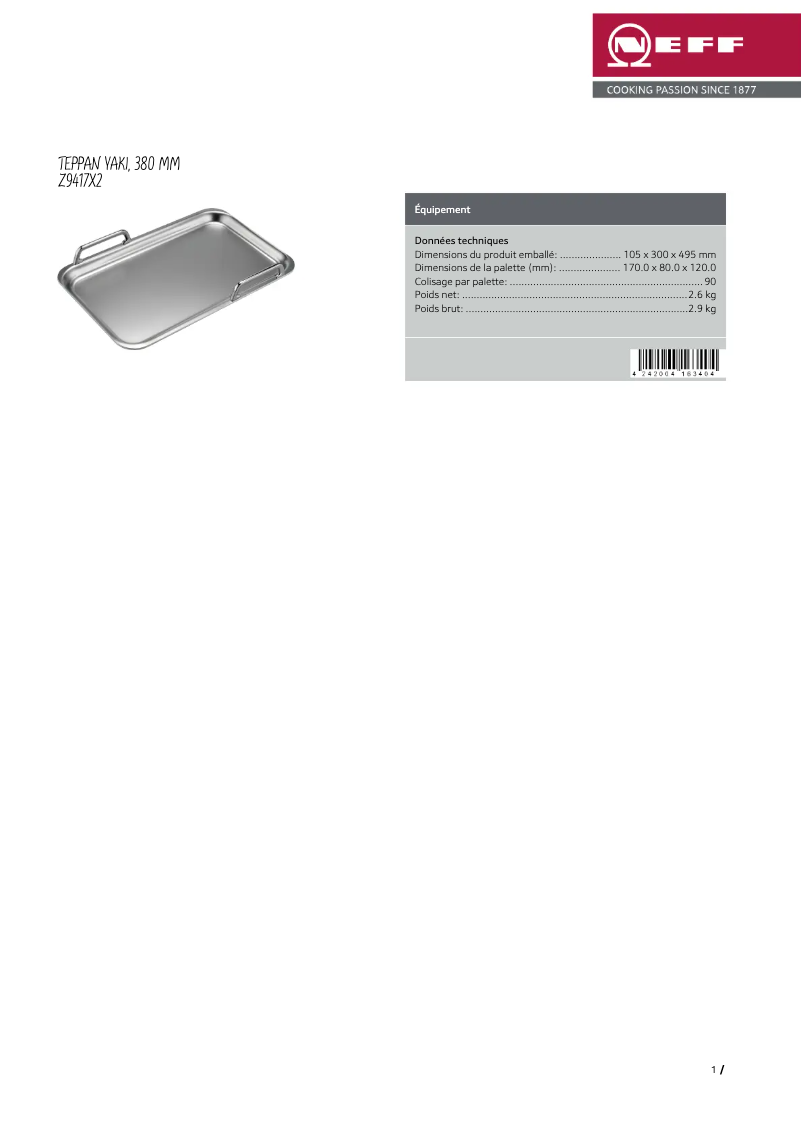 Page 1 of the manual Technical Sheet Neff Z9417X2