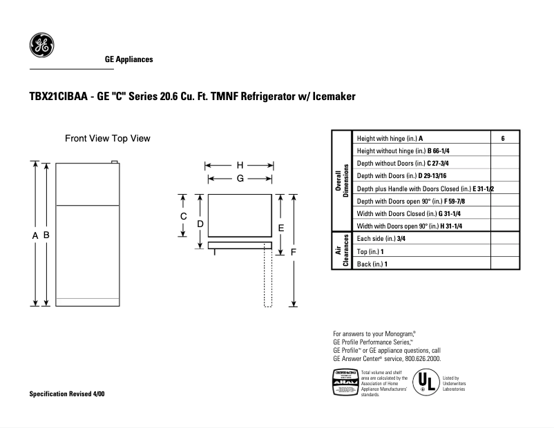 Página 1 del manual Ficha técnica GE TBX21CIBAA